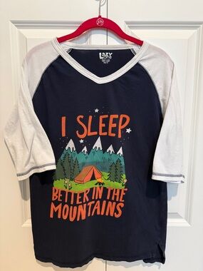 Lazy One Navy & White Raglan Tee with Mountain Camping Graphic